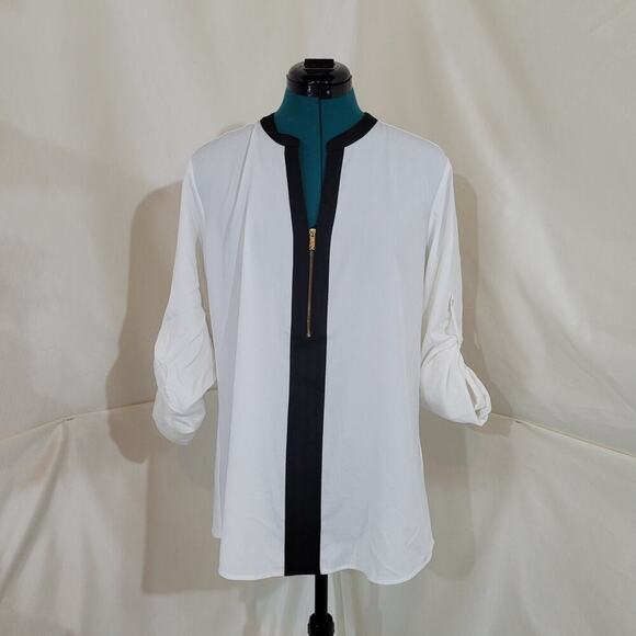Calvin Klein White Blouse with Center Black Stripe - Size Large - Picture 1 of 8